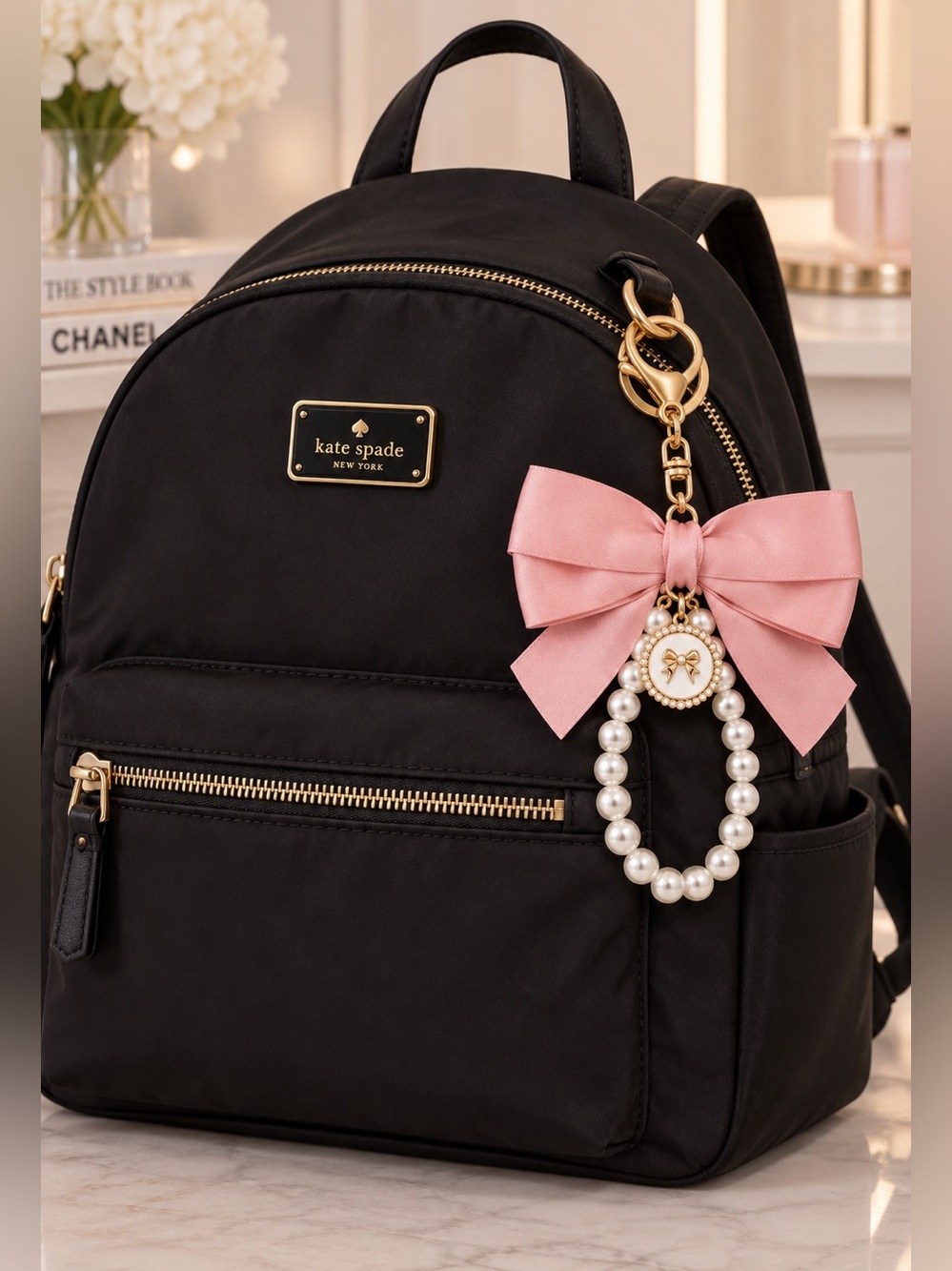 Elegant Pink Bow & Pearl Bag Charm Keychain - Picture 2 of 2